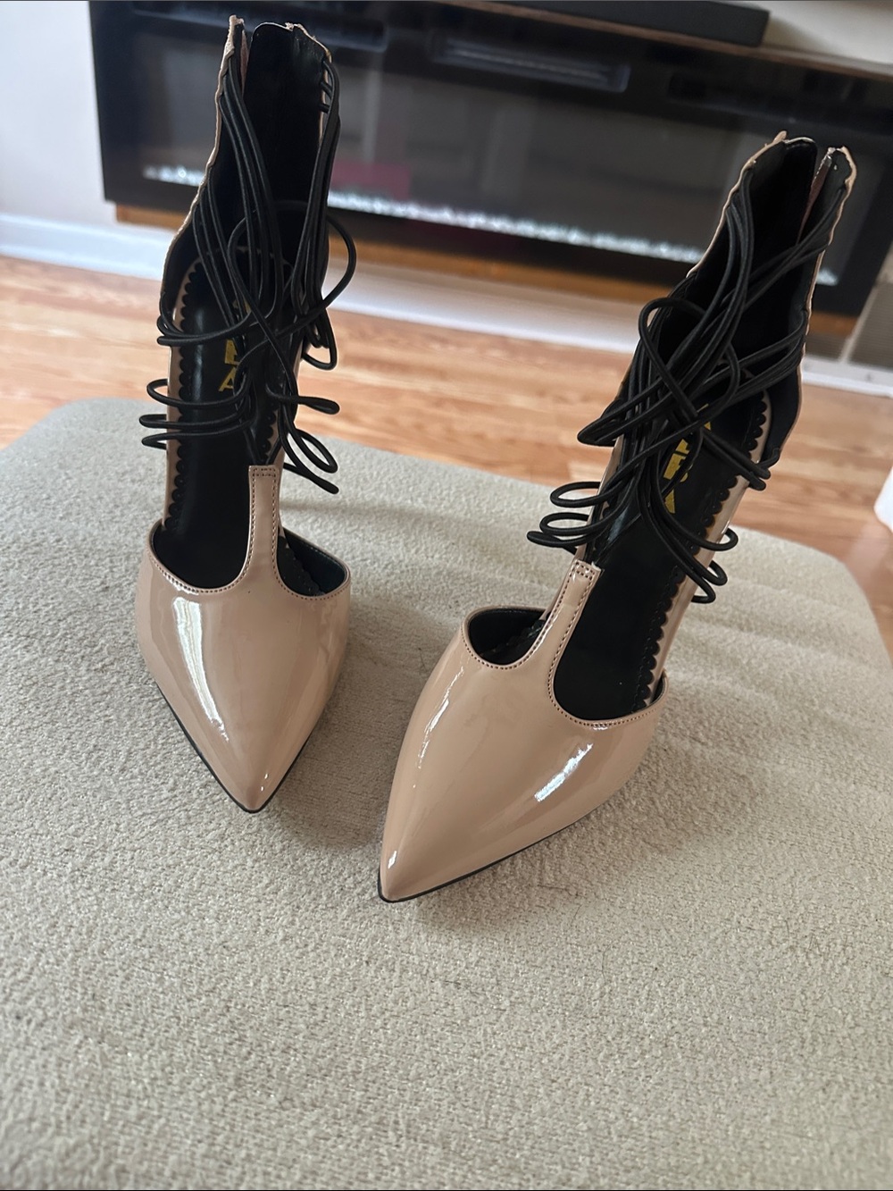 Patent Pointed-Toe Heels in Nude